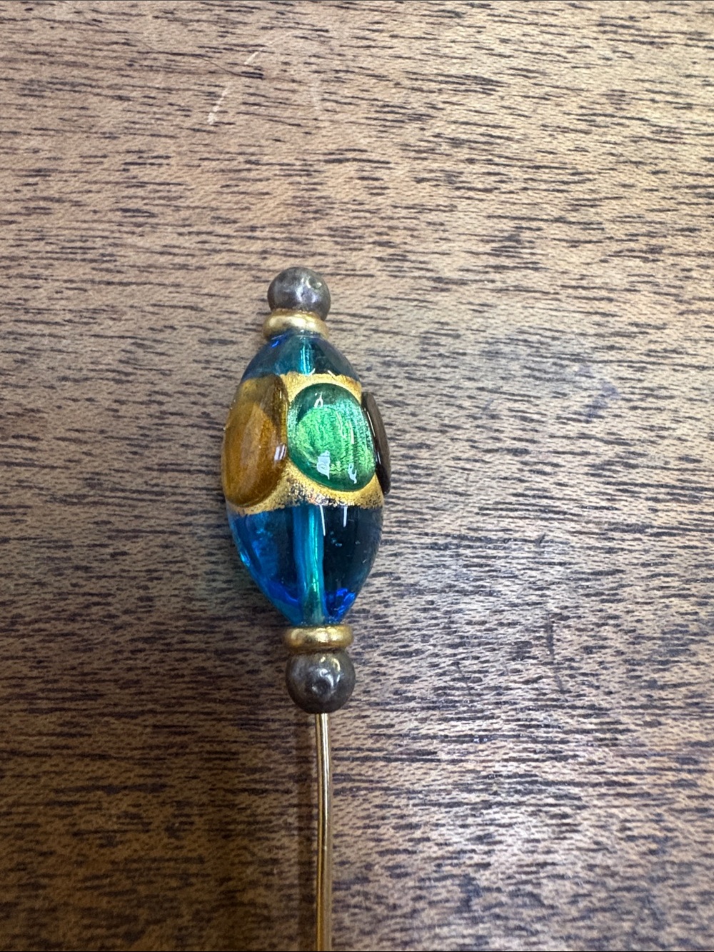Gold Stick Pin with Blue and Green Glass Bead Murano